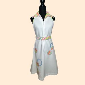 FLUTTERBYE Vintage White With Multi Color Accents MIDI Dress Size 8 - 10